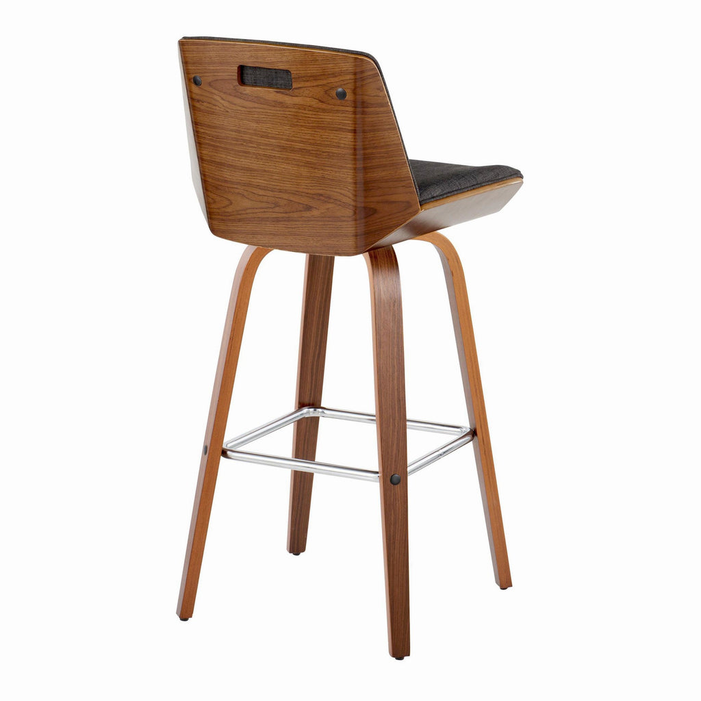 Corazza 30" Fixed-Height Barstool - Set of 2 - Walnut Wood, Charcoal Fabric, Chrome Metal