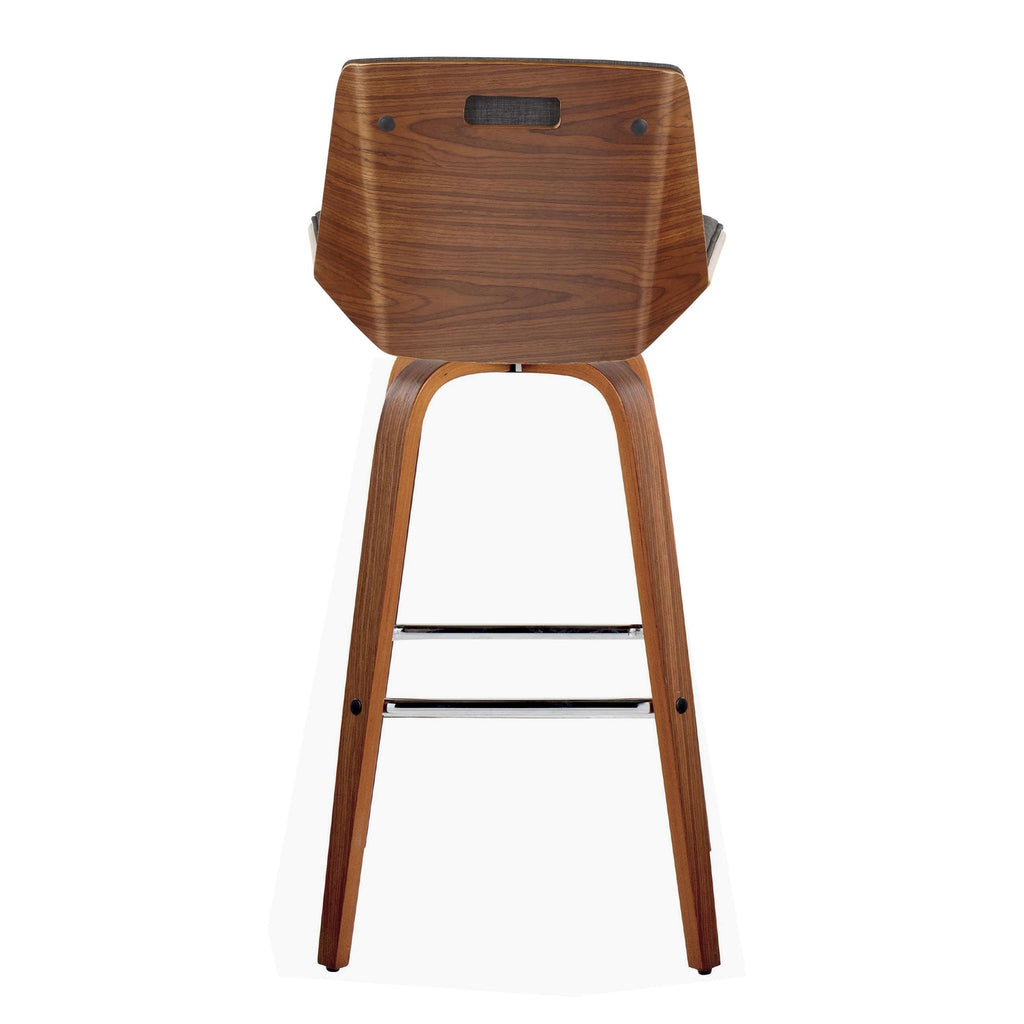 Corazza 30" Fixed-Height Barstool - Set of 2 - Walnut Wood, Charcoal Fabric, Chrome Metal