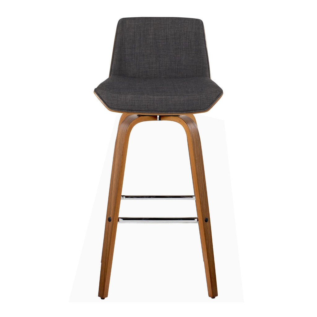 Corazza 30" Fixed-Height Barstool - Set of 2 - Walnut Wood, Charcoal Fabric, Chrome Metal
