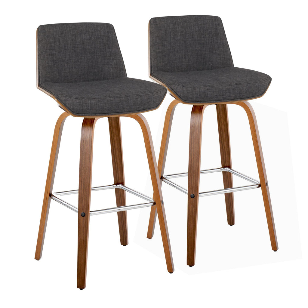 Corazza 30" Fixed-Height Barstool - Set of 2 - Walnut Wood, Charcoal Fabric, Chrome Metal