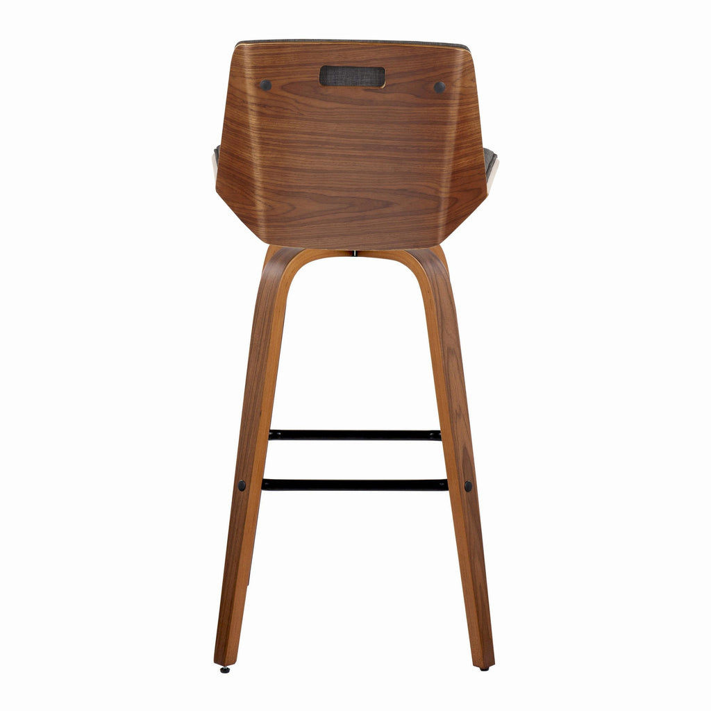 Corazza 30" Fixed-Height Barstool - Set of 2 - Walnut Wood, Charcoal Fabric, Black Metal