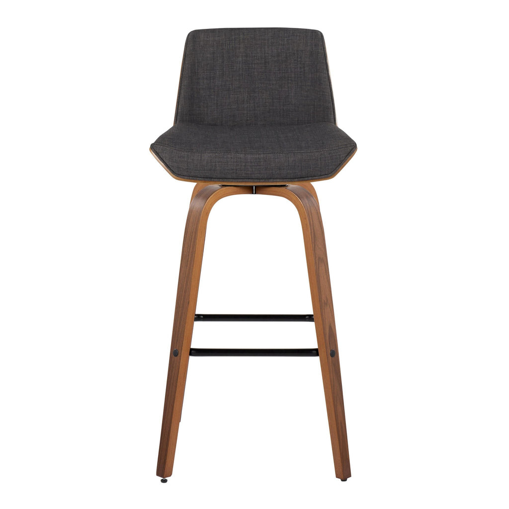 Corazza 30" Fixed-Height Barstool - Set of 2 - Walnut Wood, Charcoal Fabric, Black Metal