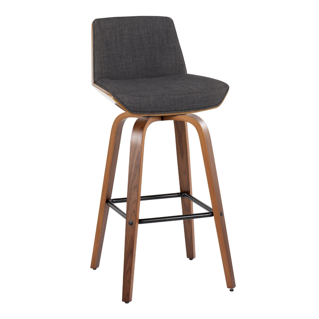 Corazza 30" Fixed-Height Barstool - Set of 2 - Walnut Wood, Charcoal Fabric, Black Metal