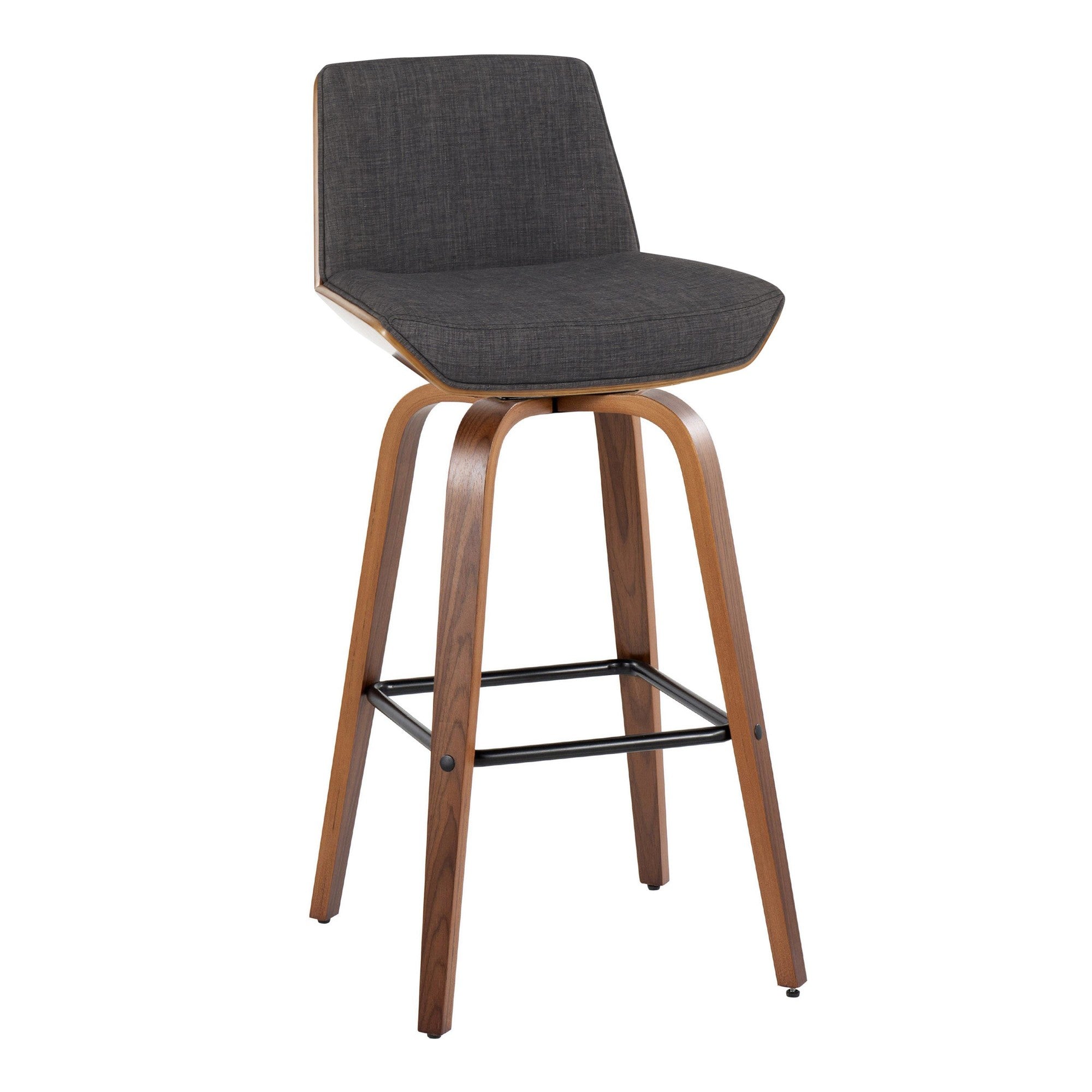 Corazza 30" Fixed-Height Barstool - Set of 2 - Walnut Wood, Charcoal Fabric, Black Metal
