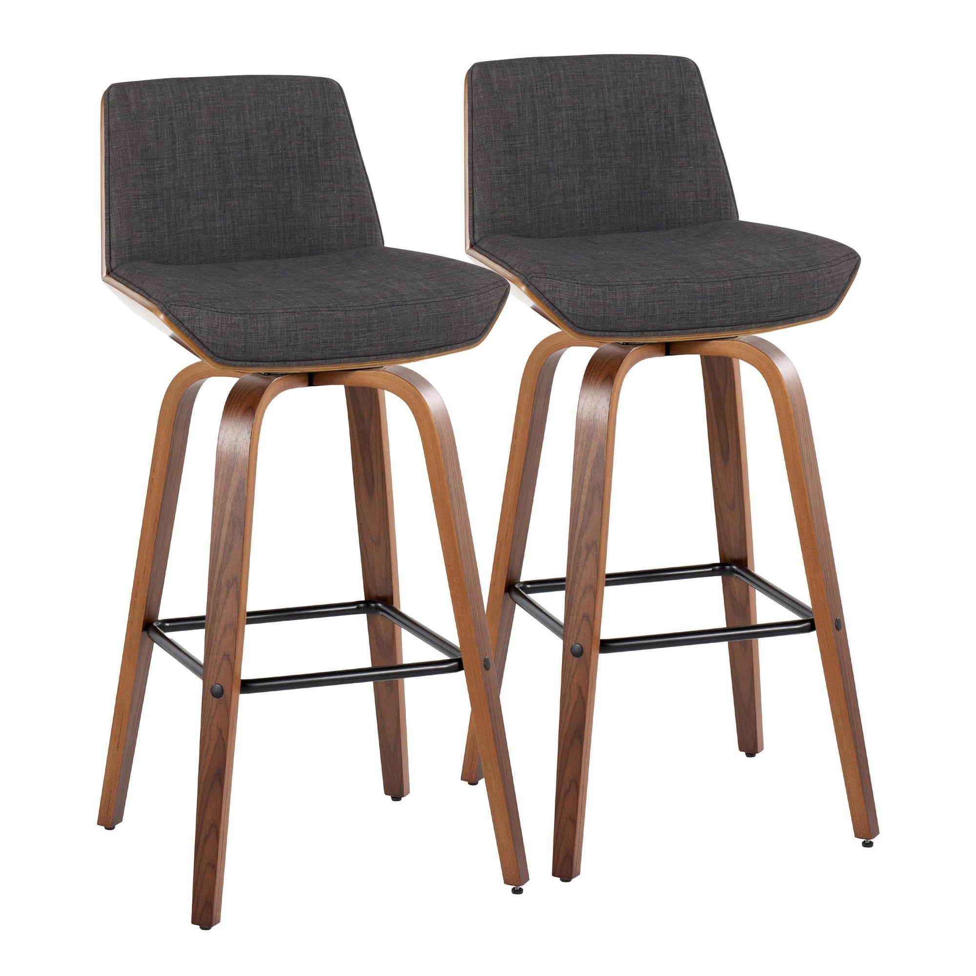 Corazza 30" Fixed-Height Barstool - Set of 2 - Walnut Wood, Charcoal Fabric, Black Metal