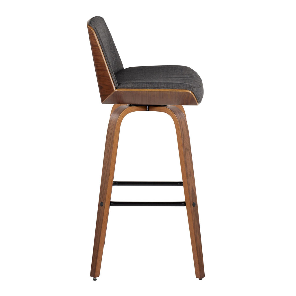 Corazza 30" Fixed-Height Barstool - Set of 2 - Walnut Wood, Charcoal Fabric, Black Metal