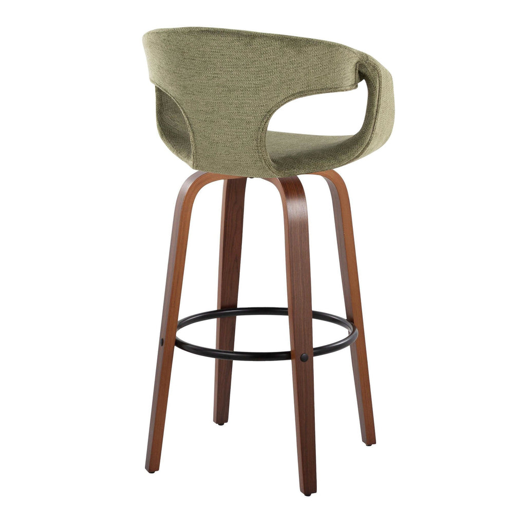 Curva 30" Fixed-Height Barstool - Set of 2 - Walnut Wood, Green Fabric, Black Metal