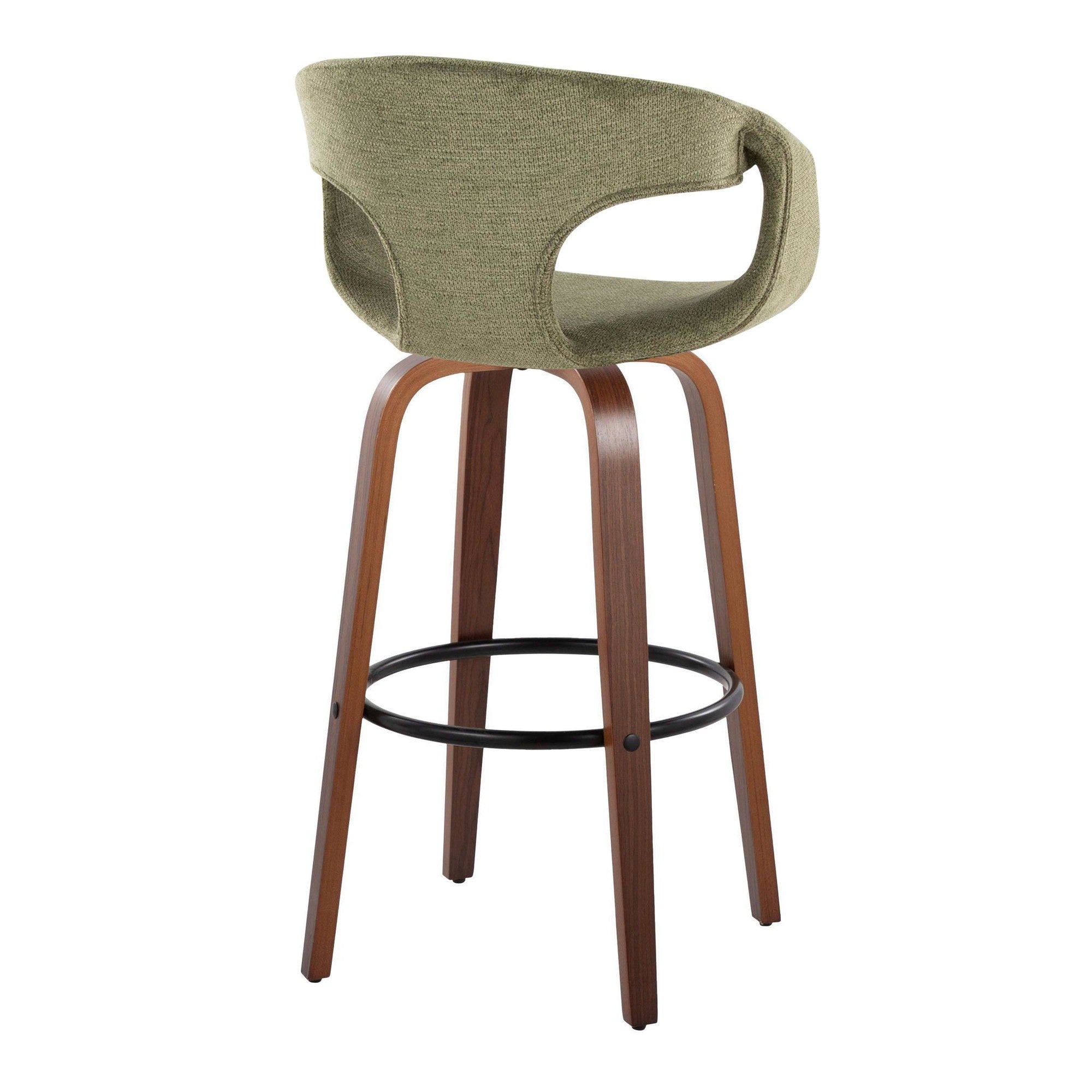 Curva 30" Fixed-Height Barstool - Set of 2 - Walnut Wood, Green Fabric, Black Metal