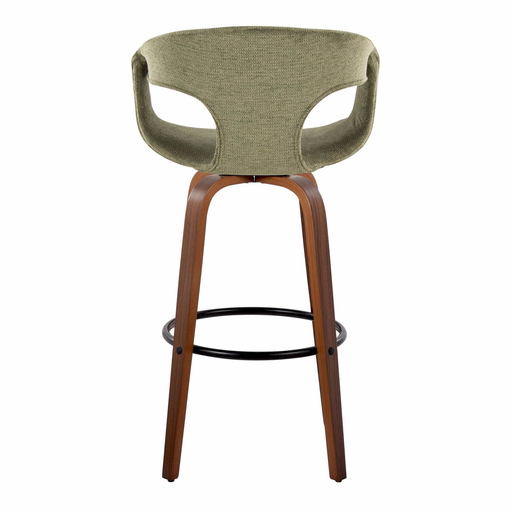 Curva 30" Fixed-Height Barstool - Set of 2 - Walnut Wood, Green Fabric, Black Metal