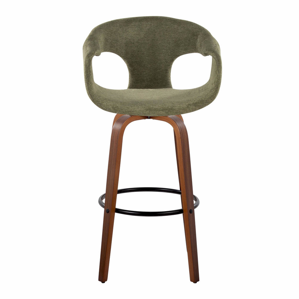 Curva 30" Fixed-Height Barstool - Set of 2 - Walnut Wood, Green Fabric, Black Metal