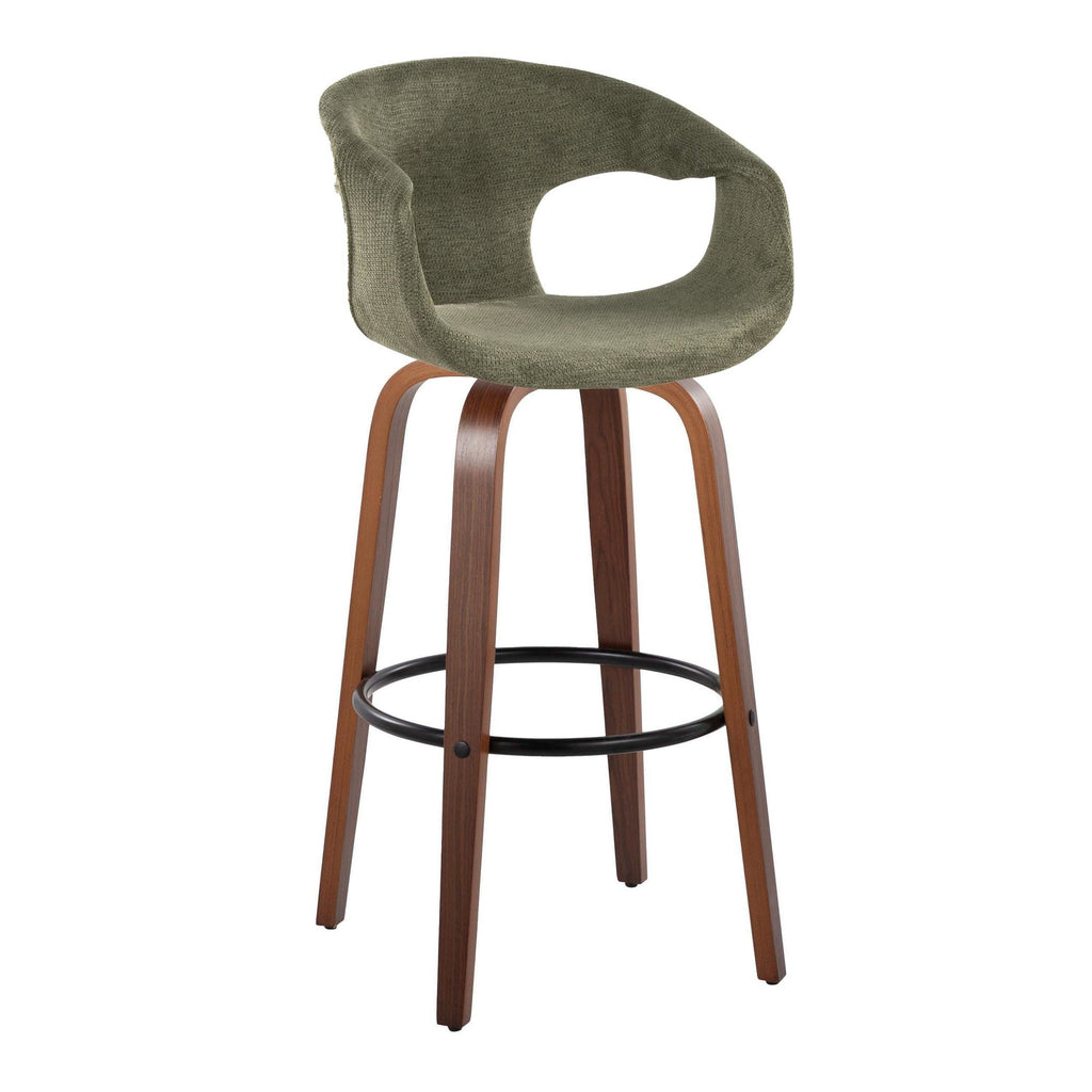 Curva 30" Fixed-Height Barstool - Set of 2 - Walnut Wood, Green Fabric, Black Metal