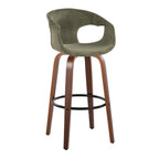 Curva 30" Fixed-Height Barstool - Set of 2 - Walnut Wood, Green Fabric, Black Metal