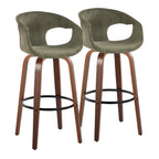 Curva 30" Fixed-Height Barstool - Set of 2 - Walnut Wood, Green Fabric, Black Metal