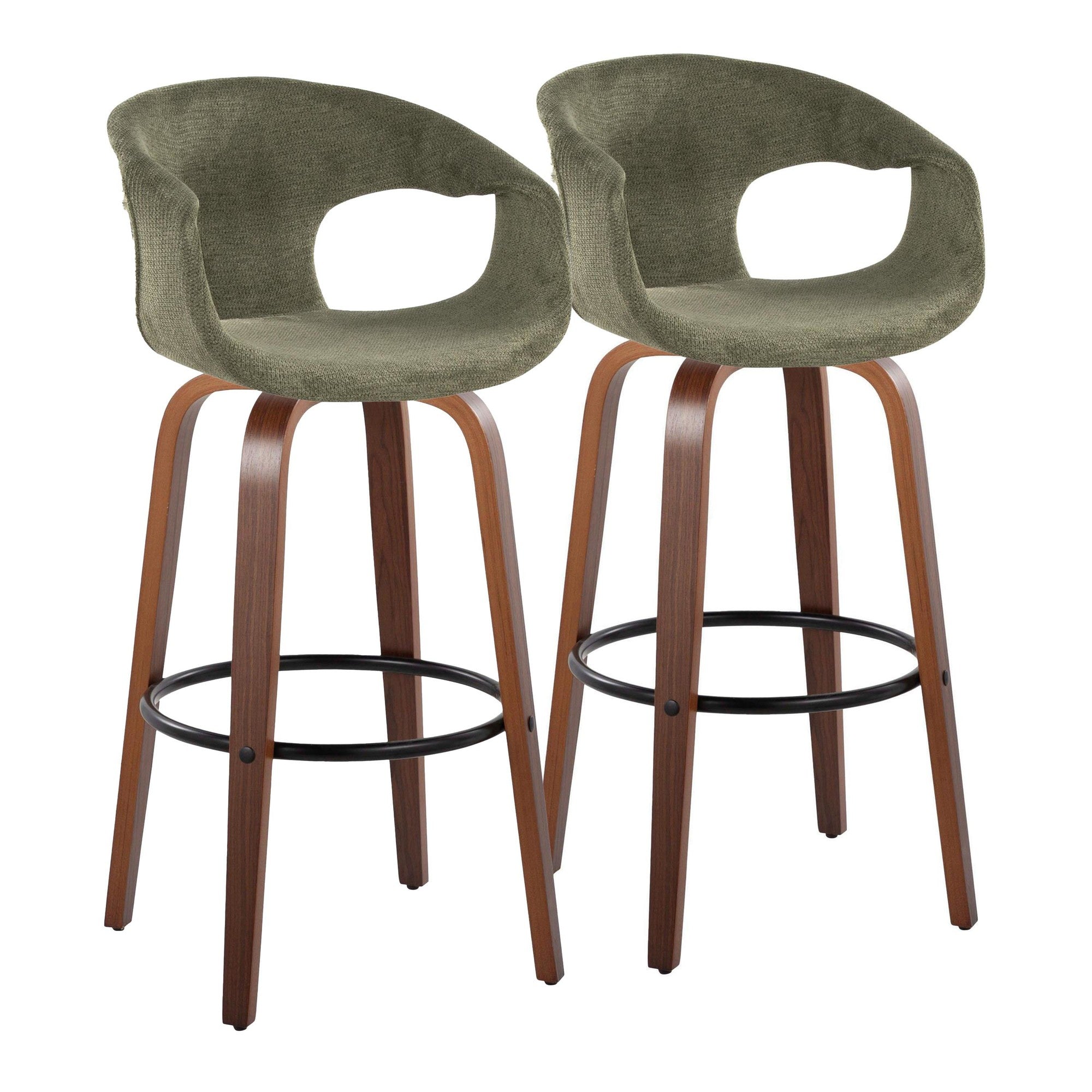 Curva 30" Fixed-Height Barstool - Set of 2 - Walnut Wood, Green Fabric, Black Metal