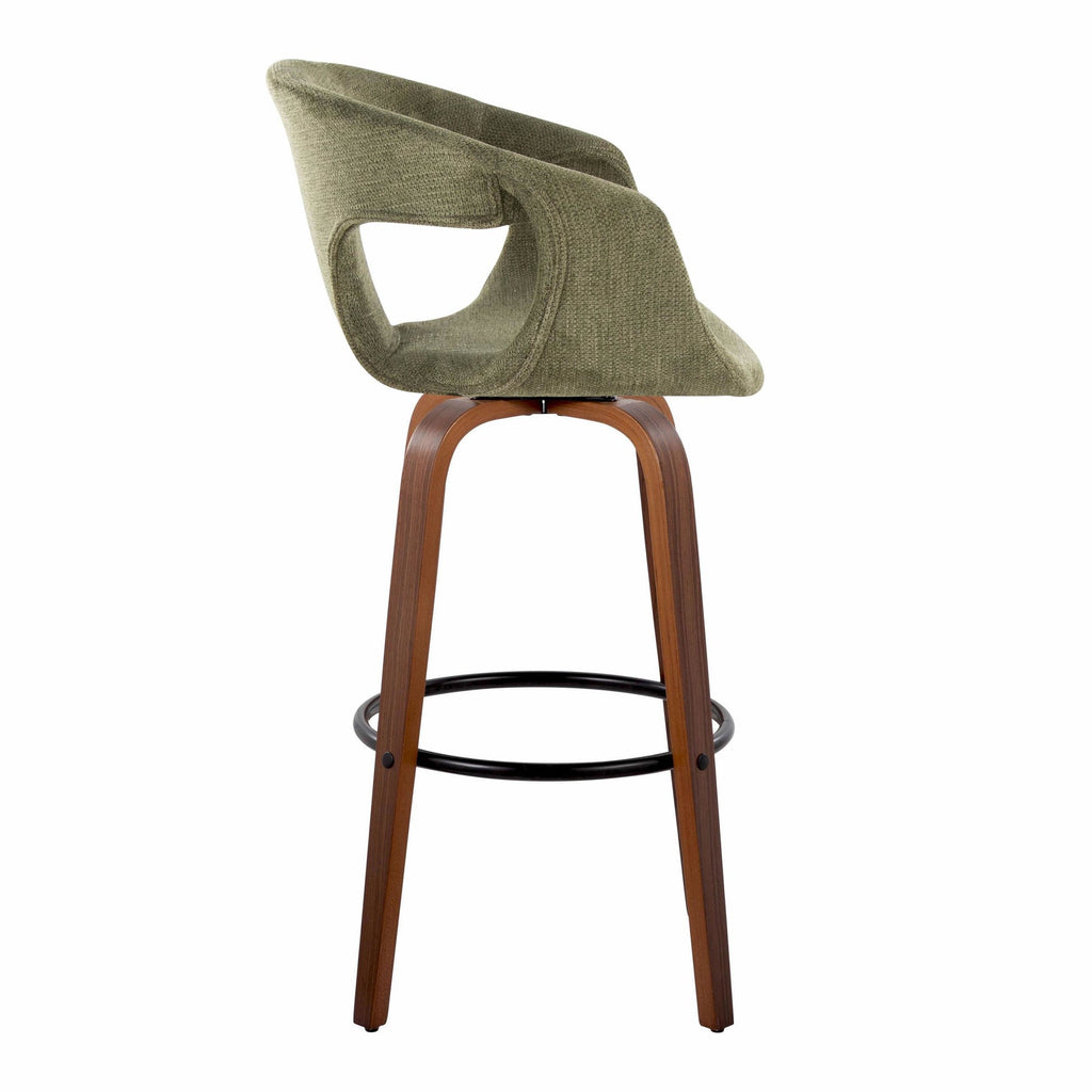 Curva 30" Fixed-Height Barstool - Set of 2 - Walnut Wood, Green Fabric, Black Metal