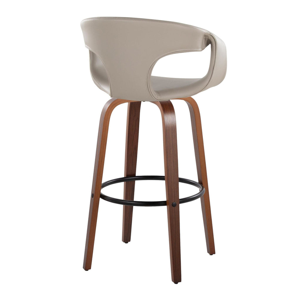 Curva 30" Fixed-Height Barstool - Set of 2 - Walnut Wood, Light Grey PU, Black Metal