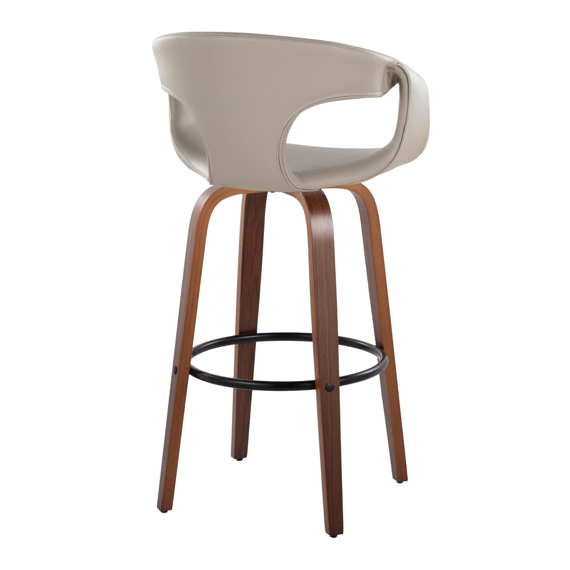 Curva 30" Fixed-Height Barstool - Set of 2 - Walnut Wood, Light Grey PU, Black Metal
