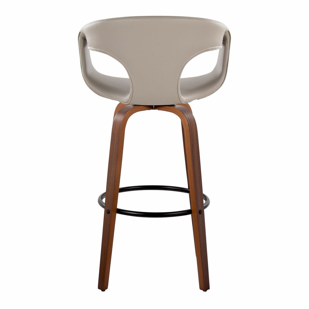 Curva 30" Fixed-Height Barstool - Set of 2 - Walnut Wood, Light Grey PU, Black Metal