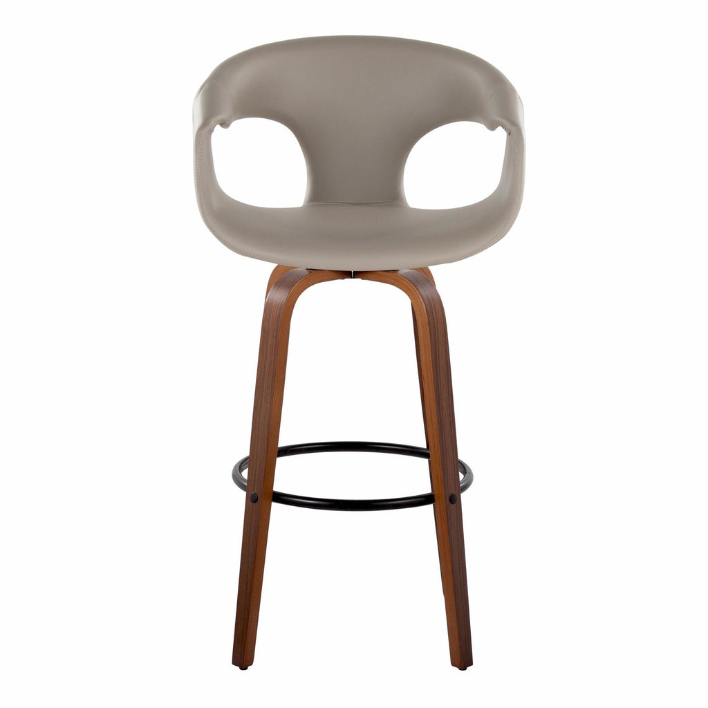 Curva 30" Fixed-Height Barstool - Set of 2 - Walnut Wood, Light Grey PU, Black Metal