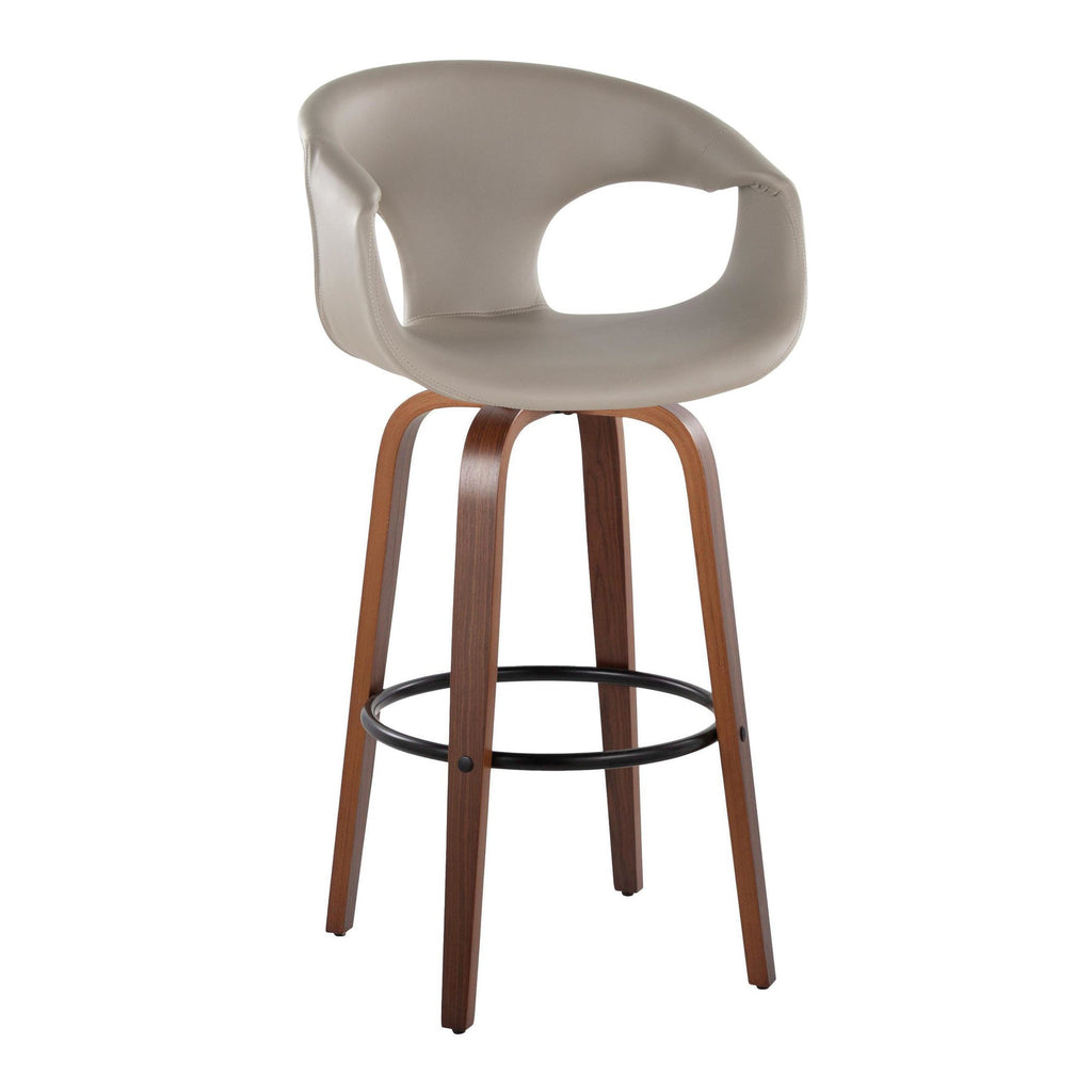Curva 30" Fixed-Height Barstool - Set of 2 - Walnut Wood, Light Grey PU, Black Metal