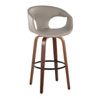 Curva 30" Fixed-Height Barstool - Set of 2 - Walnut Wood, Light Grey PU, Black Metal