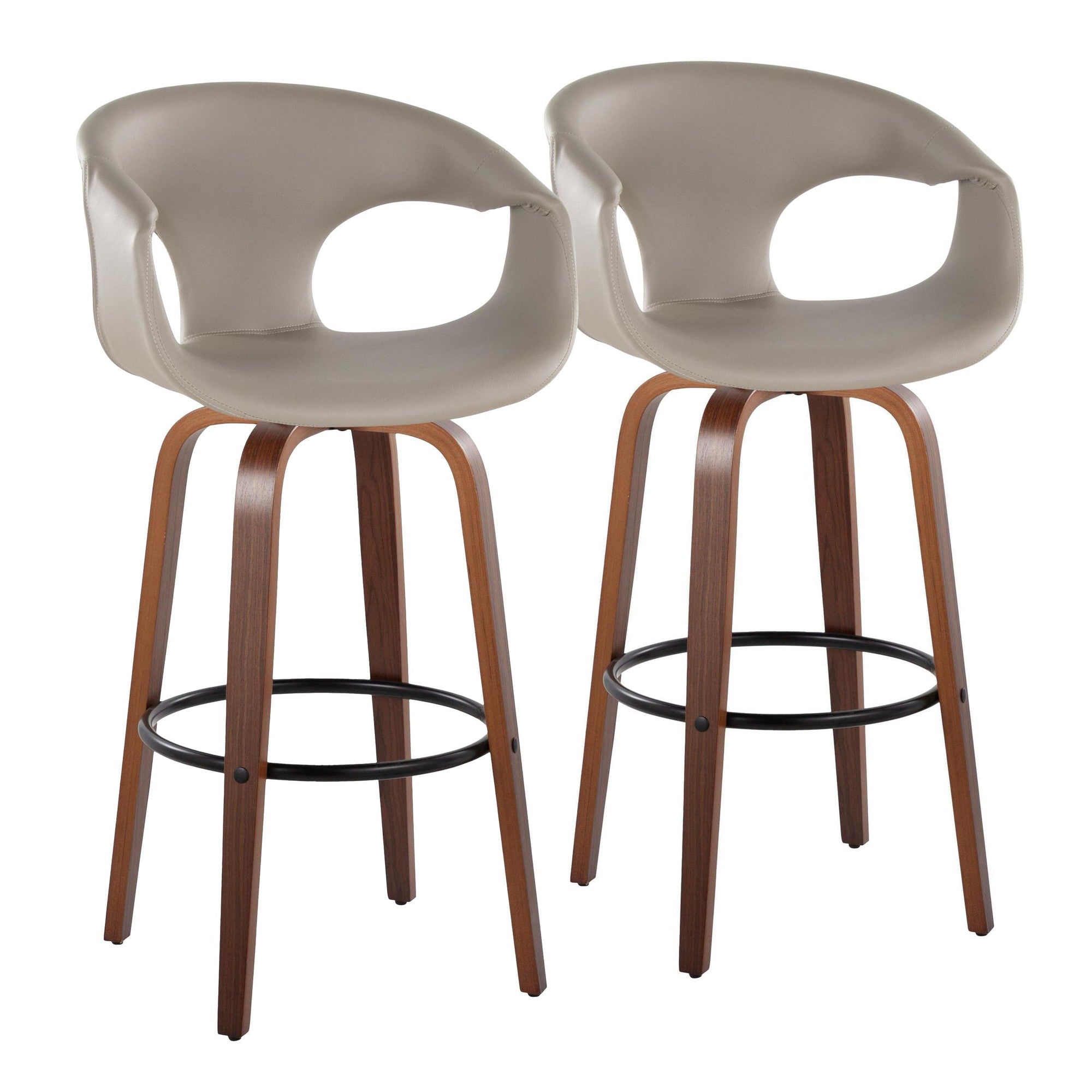 Curva 30" Fixed-Height Barstool - Set of 2 - Walnut Wood, Light Grey PU, Black Metal