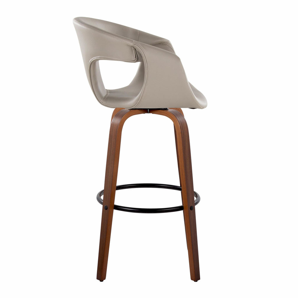 Curva 30" Fixed-Height Barstool - Set of 2 - Walnut Wood, Light Grey PU, Black Metal