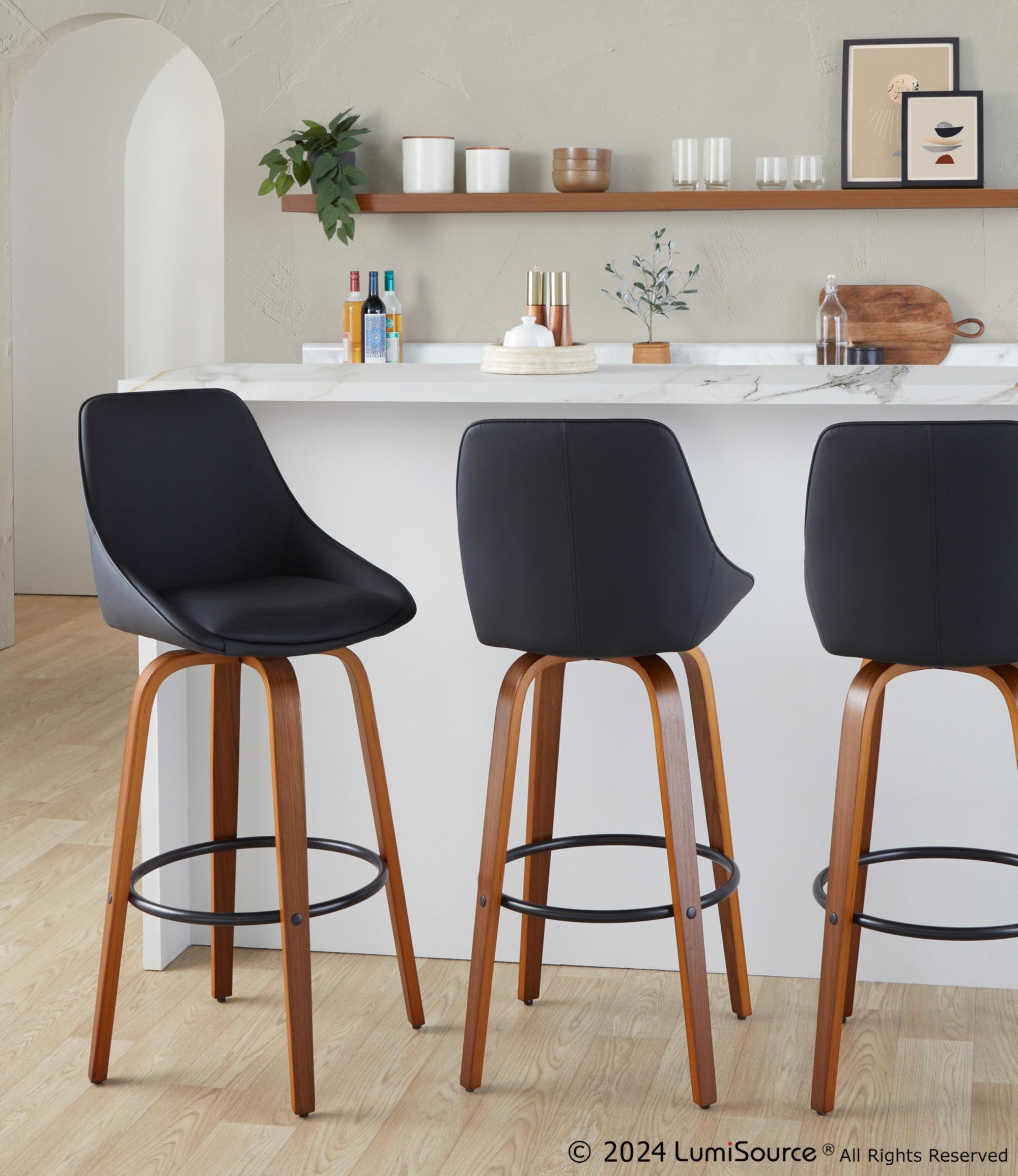 Diana 30" Fixed-Height Barstool - Set of 2 - Walnut Wood, Black PU, Black Metal
