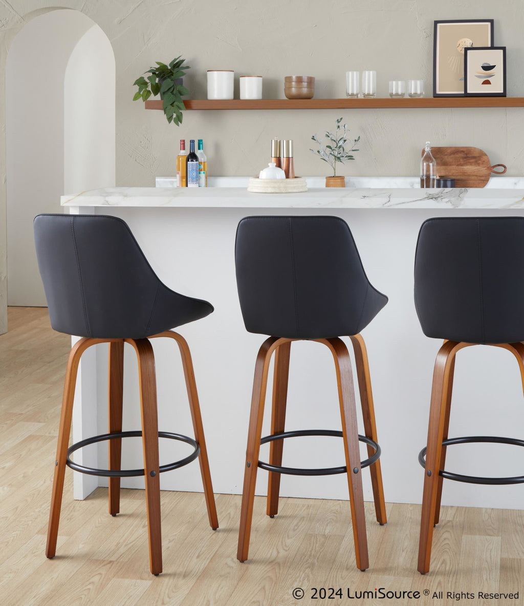 Diana 30" Fixed-Height Barstool - Set of 2 - Walnut Wood, Black PU, Black Metal