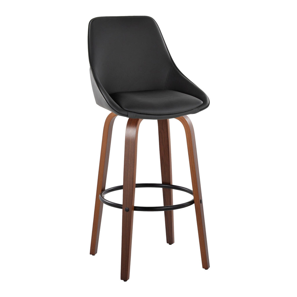 Diana 30" Fixed-Height Barstool - Set of 2 - Walnut Wood, Black PU, Black Metal