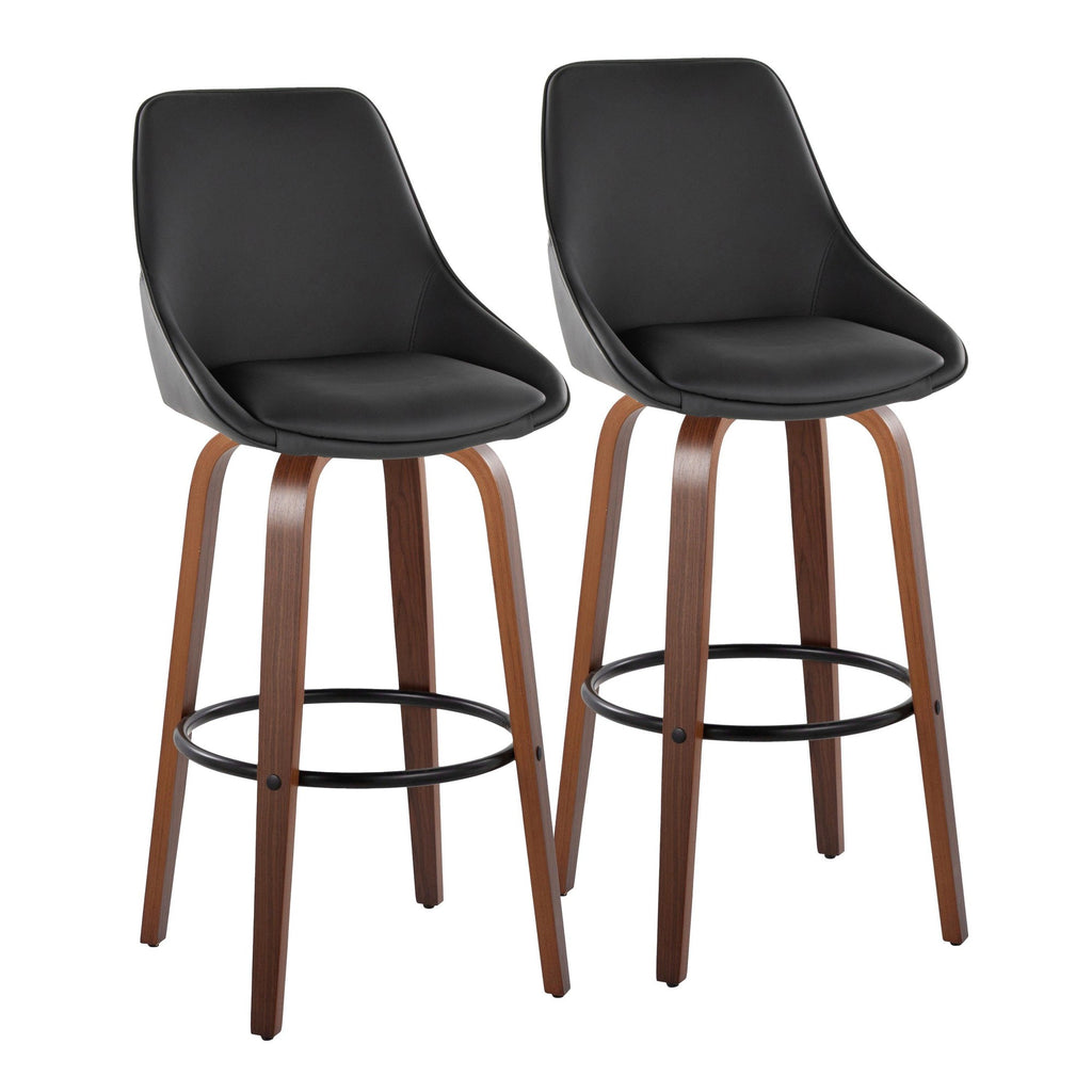 Diana 30" Fixed-Height Barstool - Set of 2 - Walnut Wood, Black PU, Black Metal