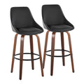 Diana 30" Fixed-Height Barstool - Set of 2 - Walnut Wood, Black PU, Black Metal