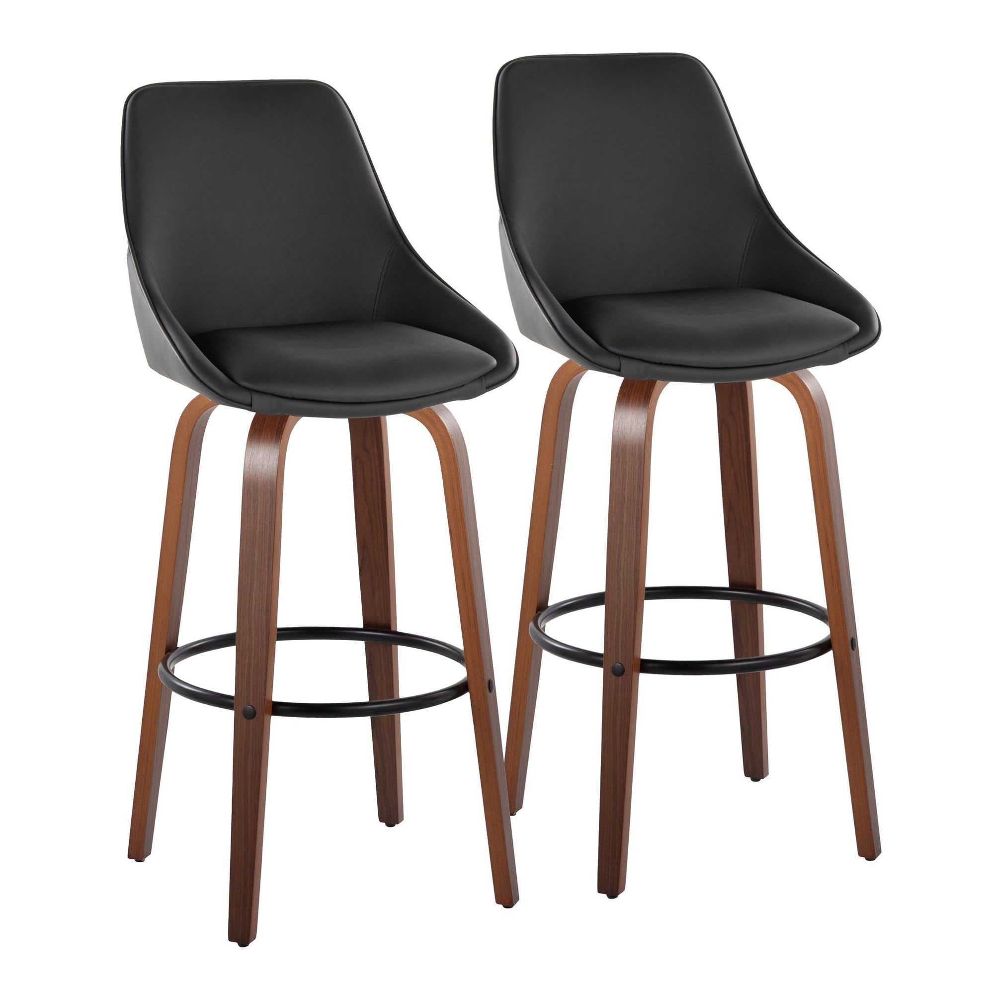 Diana 30" Fixed-Height Barstool - Set of 2 - Walnut Wood, Black PU, Black Metal