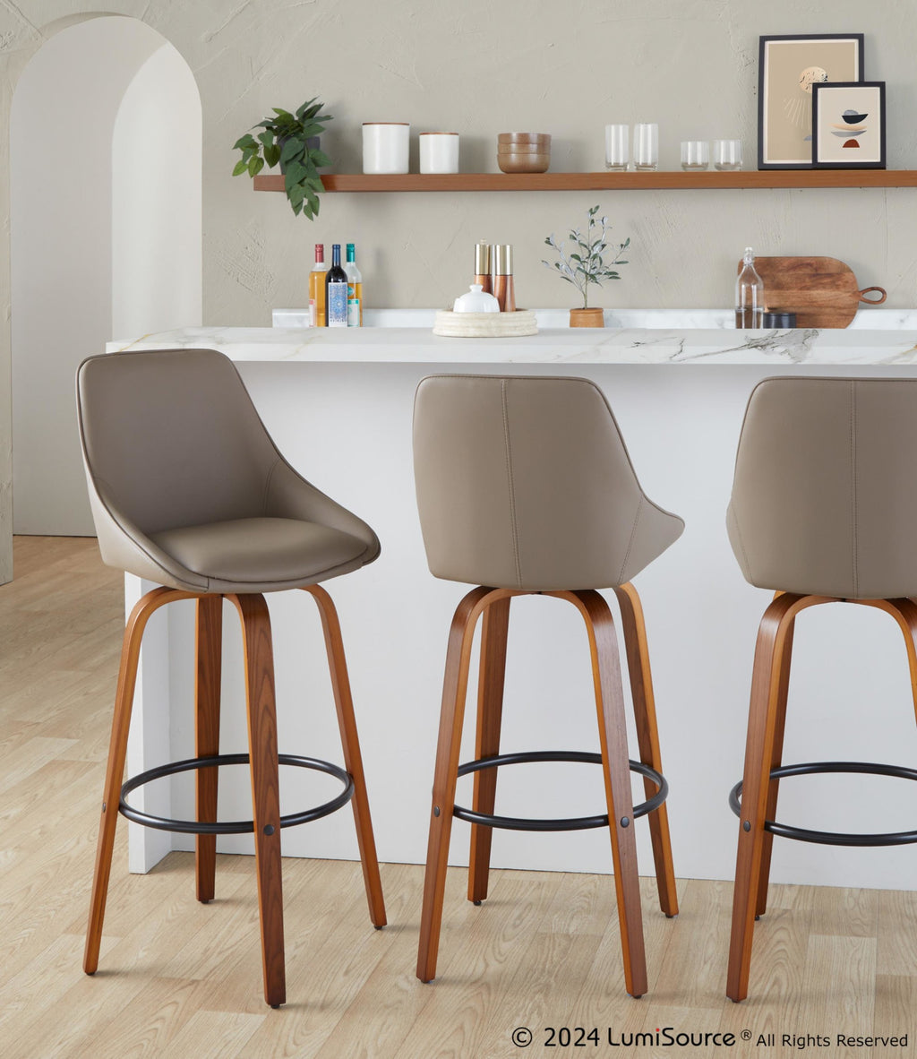 Diana 30" Fixed-Height Barstool - Set of 2 - Walnut Wood, Brown PU, Black Metal