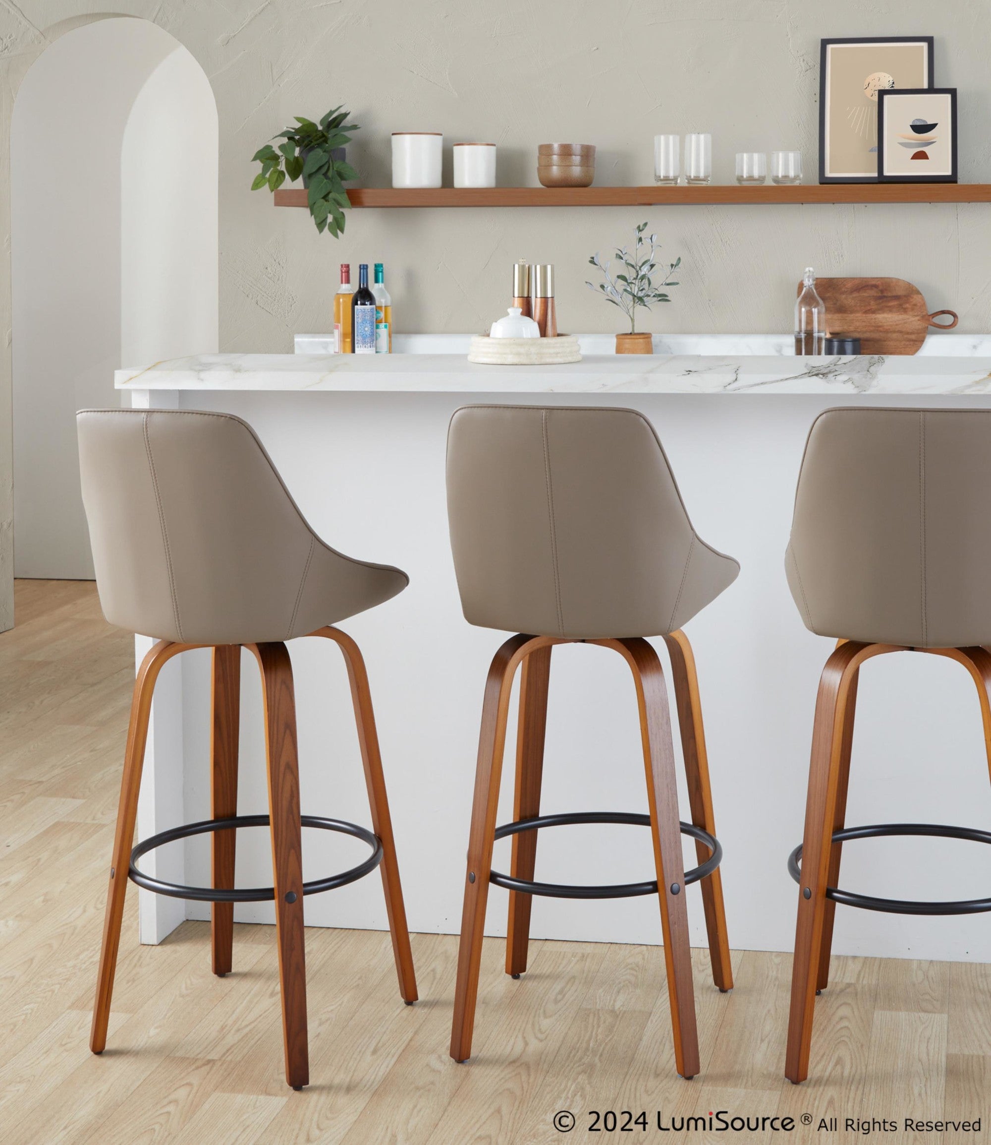 Diana 30" Fixed-Height Barstool - Set of 2 - Walnut Wood, Brown PU, Black Metal