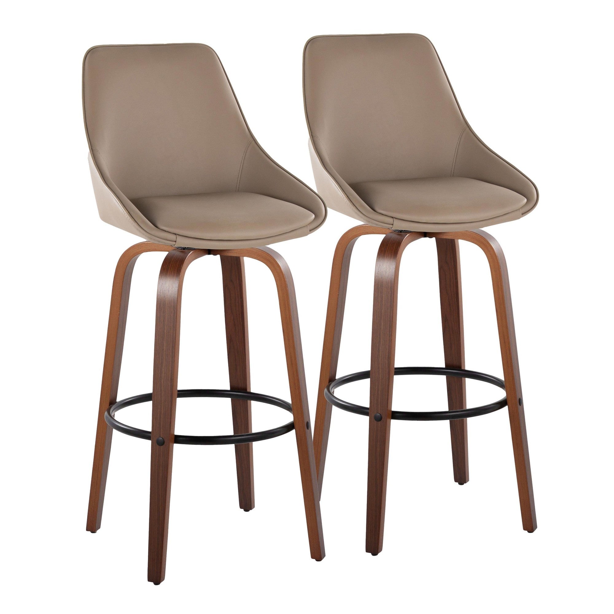 Diana 30" Fixed-Height Barstool - Set of 2 - Walnut Wood, Brown PU, Black Metal