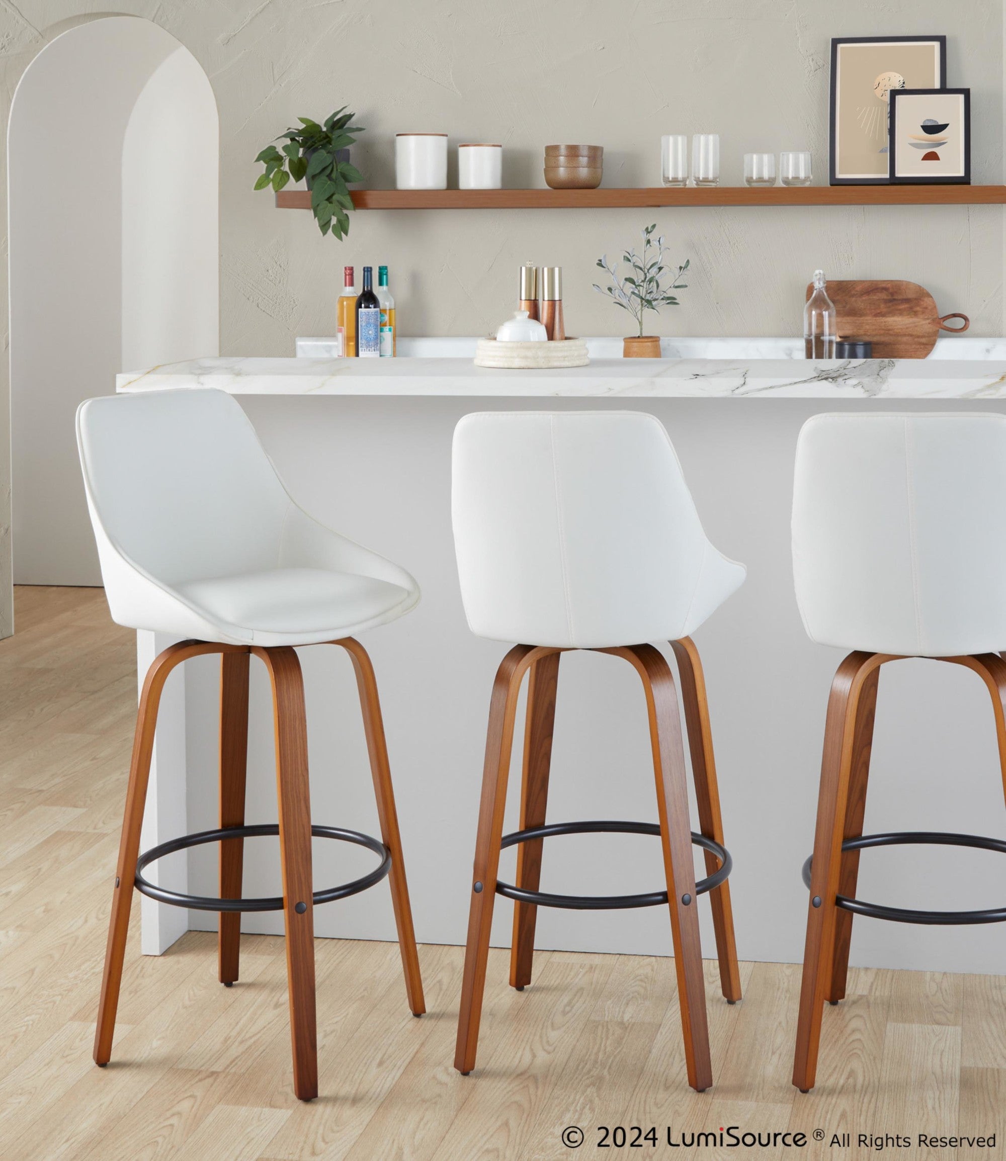 Diana 30" Fixed-Height Barstool - Set of 2 - Walnut Wood, White PU, Black Metal