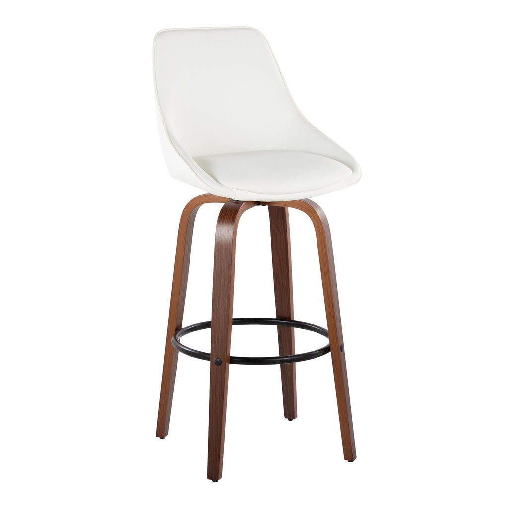 Diana 30" Fixed-Height Barstool - Set of 2 - Walnut Wood, White PU, Black Metal