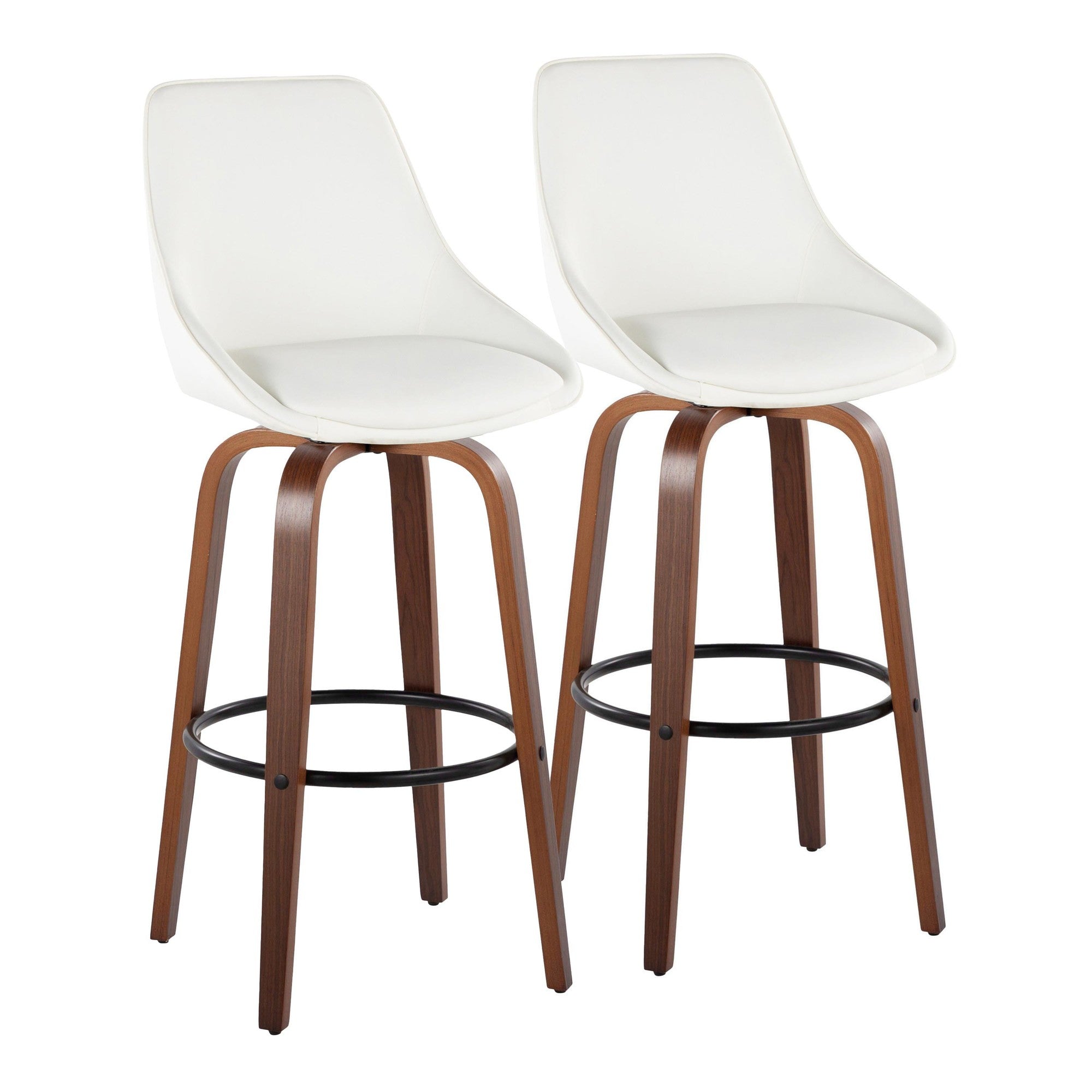 Diana 30" Fixed-Height Barstool - Set of 2 - Walnut Wood, White PU, Black Metal