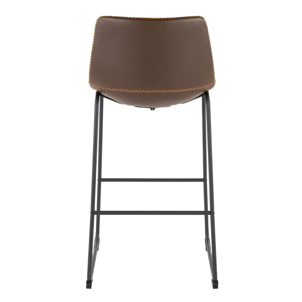 Duke 30" Fixed-Height Barstool - Black Metal, Espresso PU, Orange Zig Zag Stitching