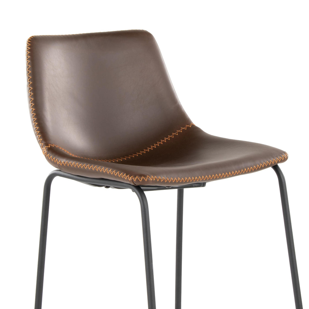 Duke 30" Fixed-Height Barstool - Black Metal, Espresso PU, Orange Zig Zag Stitching
