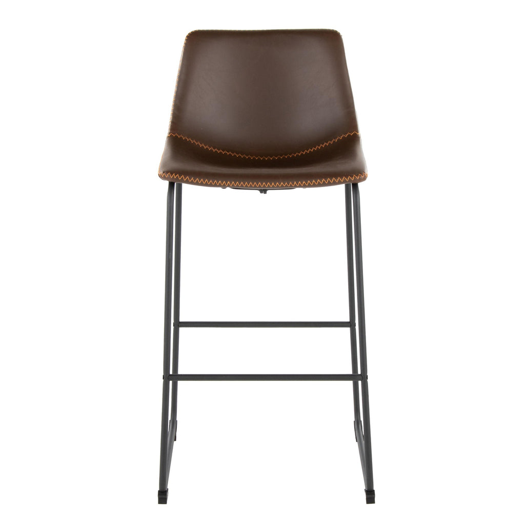 Duke 30" Fixed-Height Barstool - Black Metal, Espresso PU, Orange Zig Zag Stitching
