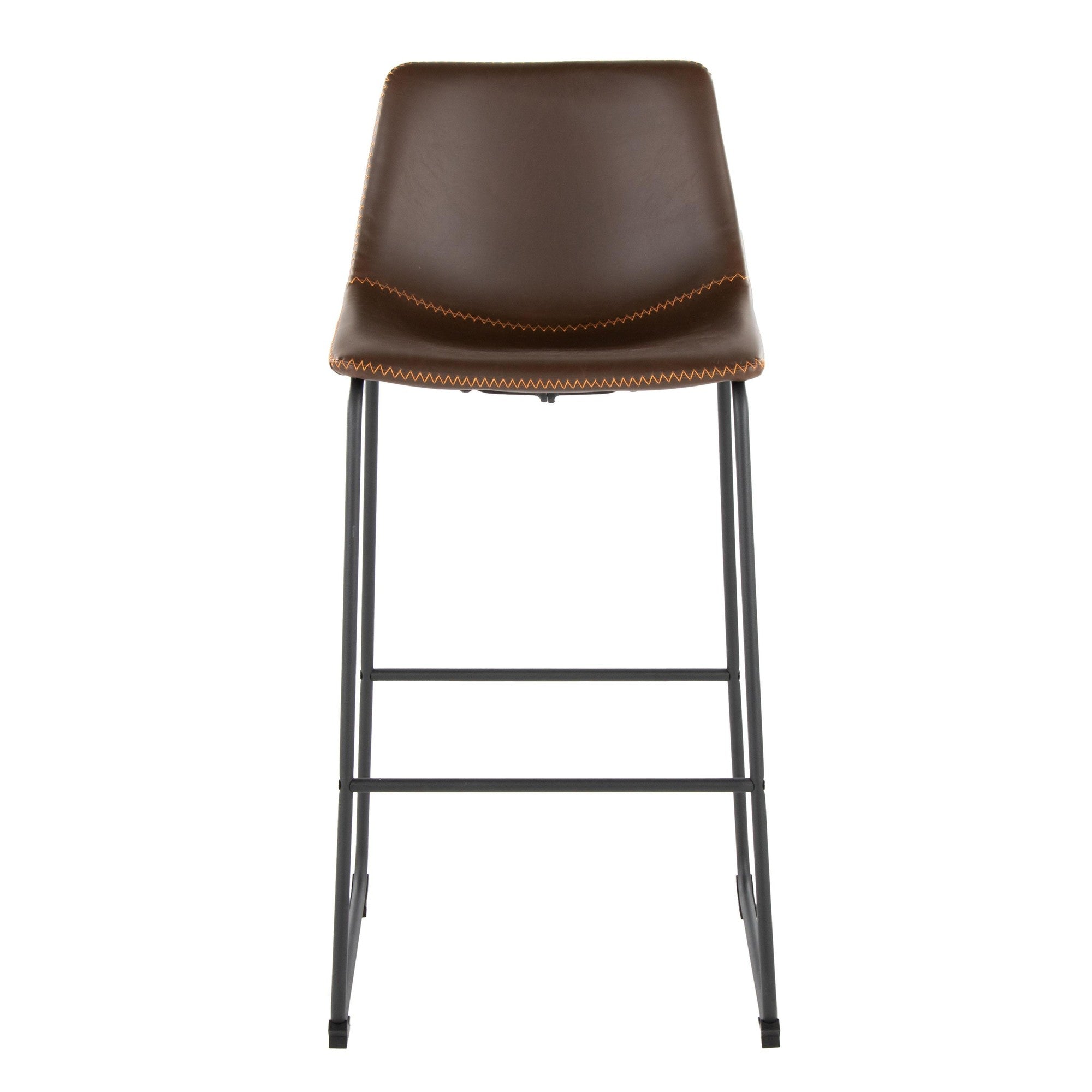 Duke 30" Fixed-Height Barstool - Black Metal, Espresso PU, Orange Zig Zag Stitching