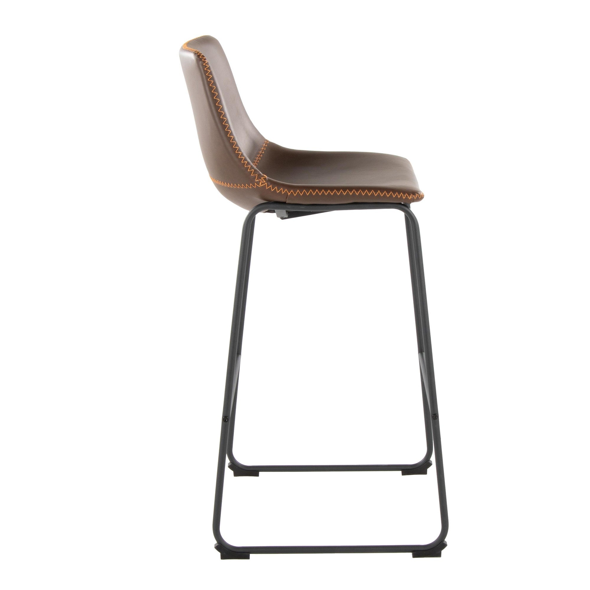 Duke 30" Fixed-Height Barstool - Black Metal, Espresso PU, Orange Zig Zag Stitching