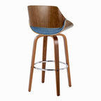 Fabrizzi 30" Fixed-Height Barstool - Set of 2 - Walnut Wood, Chrome Metal, Blue Fabric