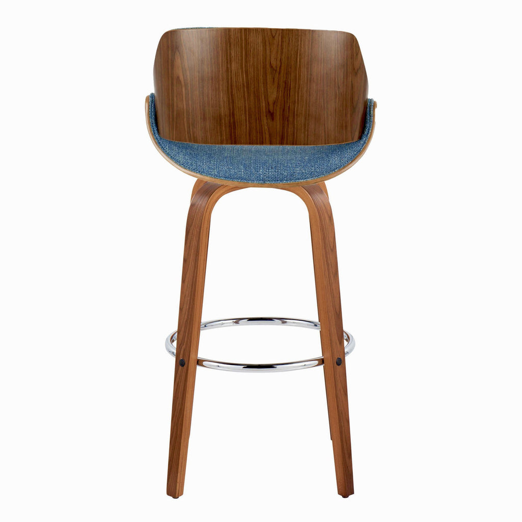 Fabrizzi 30" Fixed-Height Barstool - Set of 2 - Walnut Wood, Chrome Metal, Blue Fabric