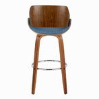 Fabrizzi 30" Fixed-Height Barstool - Set of 2 - Walnut Wood, Chrome Metal, Blue Fabric