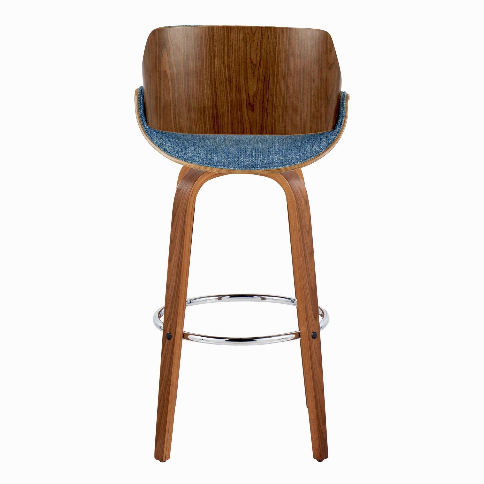 Fabrizzi 30" Fixed-Height Barstool - Set of 2 - Walnut Wood, Chrome Metal, Blue Fabric