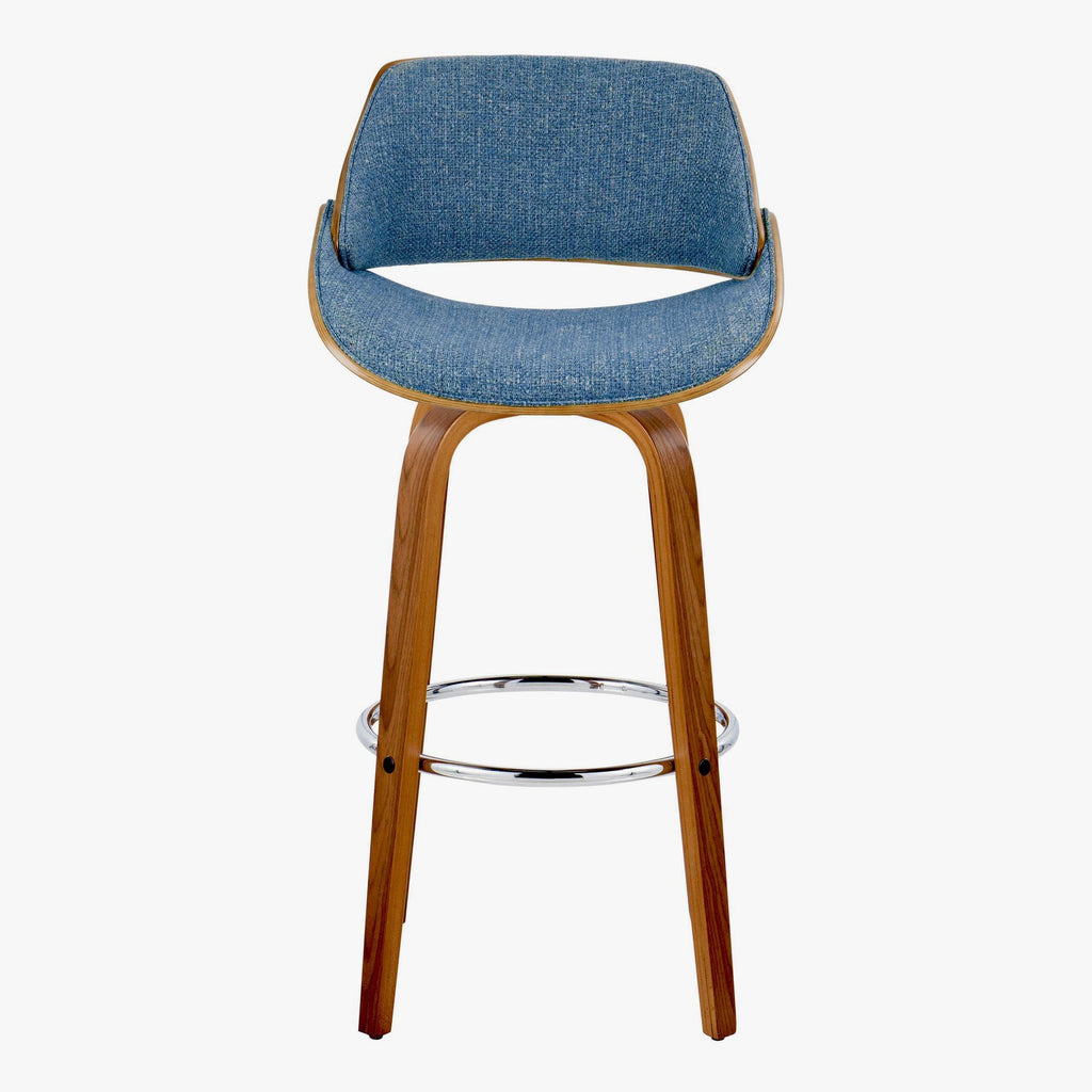 Fabrizzi 30" Fixed-Height Barstool - Set of 2 - Walnut Wood, Chrome Metal, Blue Fabric
