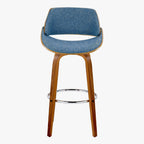 Fabrizzi 30" Fixed-Height Barstool - Set of 2 - Walnut Wood, Chrome Metal, Blue Fabric